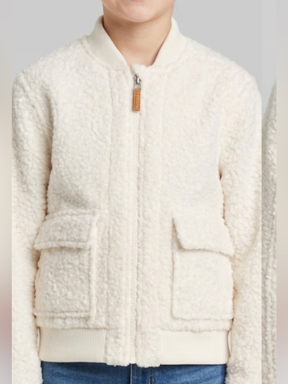 Cream Plush Bomber Jacket - Youth Cozy Zip-Up